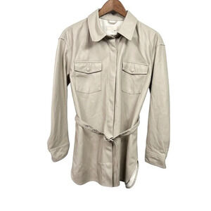 MESHKI Womens Beige Belted Jacket Shacket Size M Faux Leather FLAW